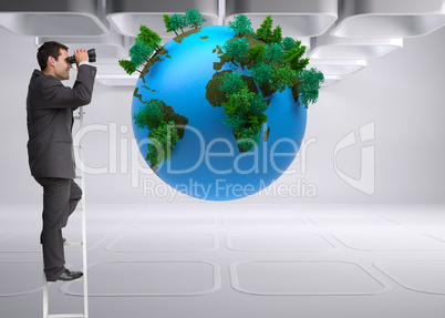 Composite image of businessman standing on ladder