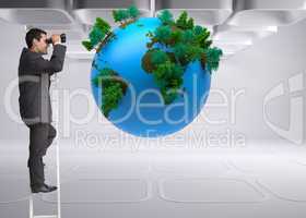 Composite image of businessman standing on ladder