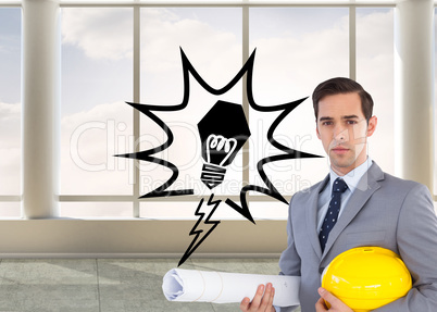 Composite image of serious architect holding plans and hard hat