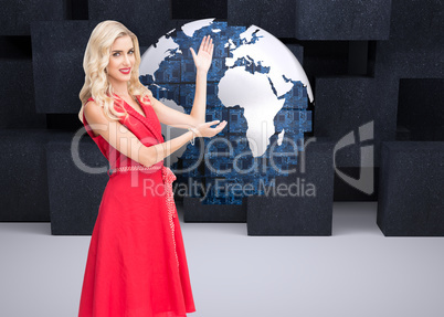 Composite image of smiling blonde presenting