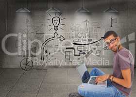 Composite image of man wearing glasses sitting on floor using la