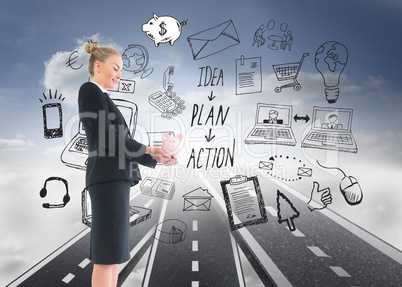 Composite image of businesswoman holding pink piggy bank