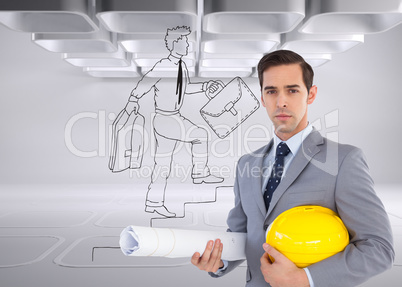 Composite image of serious architect holding plans and hard hat