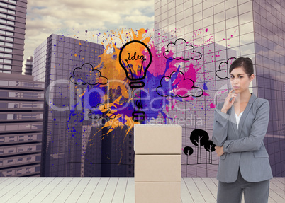 Composite image of thoughtful businesswoman posing with cardboar