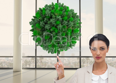 Composite image of serious businesswoman with hands up