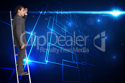 Composite image of businessman standing on ladder