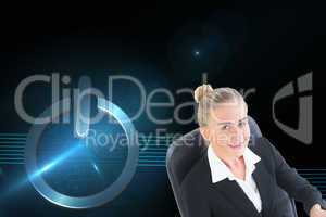 Composite image of businesswoman sitting on swivel chair with ta