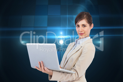 Composite image of confident young businesswoman with laptop