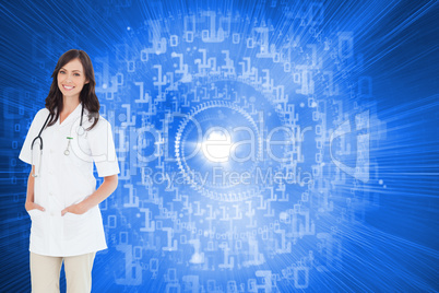 Composite image of confident and smiling woman doctor standing i