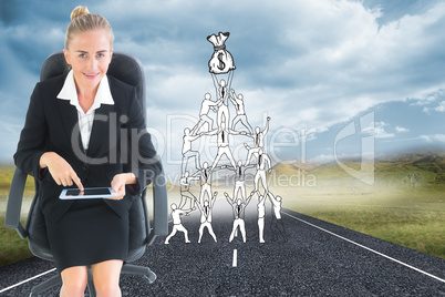 Composite image of businesswoman sitting on swivel chair with ta