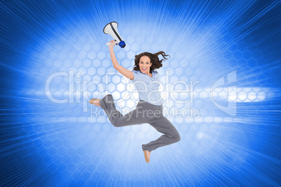 Composite image of cheerful classy businesswoman jumping while h