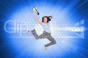 Composite image of cheerful classy businesswoman jumping while h