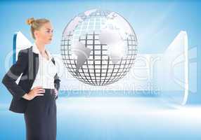 Composite image of businesswoman standing with hands on hips