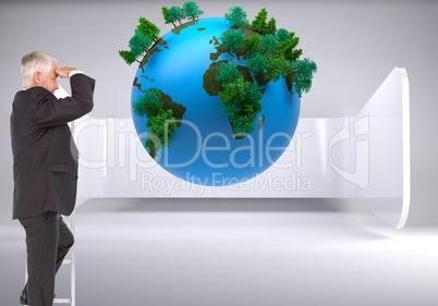 Composite image of mature businessman standing on ladder