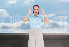 Composite image of surprised stylish businesswoman posing