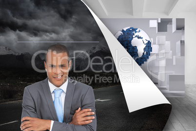 Composite image of doubtful young businessman with arms crossed