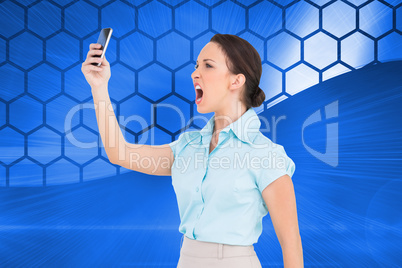 Composite image of angry classy businesswoman yelling at her sma