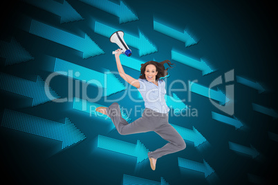 Composite image of cheerful classy businesswoman jumping while h