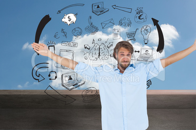 Composite image of handsome man raising hands