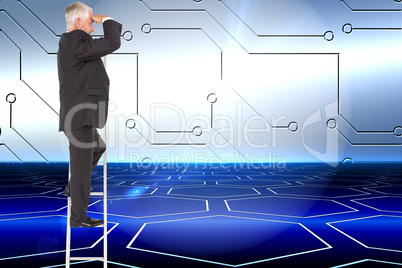 Composite image of mature businessman standing on ladder