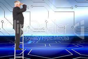 Composite image of mature businessman standing on ladder