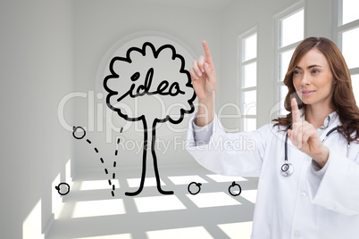 Composite image of happy doctor pointing