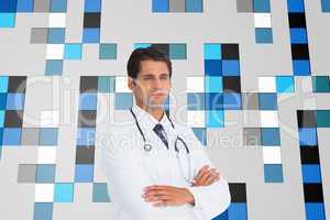 Composite image of serious doctor with arms crossed