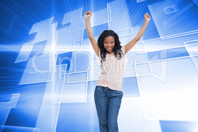 Composite image of a young happy woman stands with her hands in