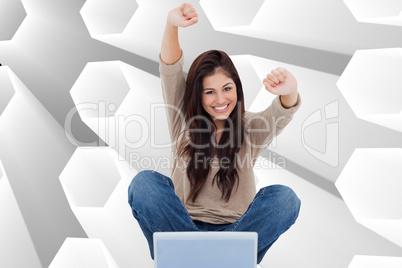 Composite image of woman looks straight ahead as she celebrates