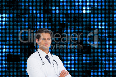 Composite image of serious doctor with arms crossed