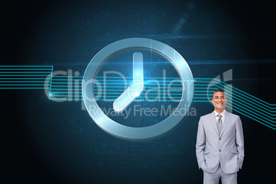 Composite image of attractive businessman with hands in pockets