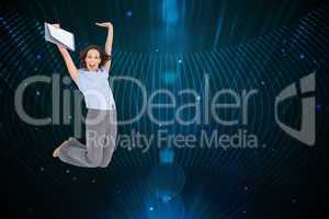 Composite image of happy classy businesswoman jumping while hold
