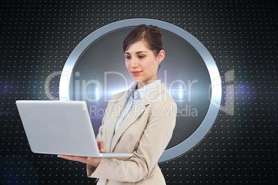 Composite image of confident businesswoman holding laptop