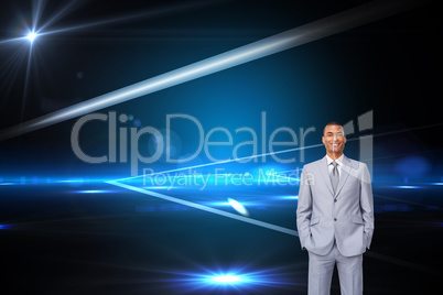 Composite image of attractive businessman with hands in pockets