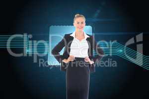 Composite image of businesswoman standing with hands on hips