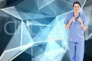 Composite image of smiling medical intern wearing a blue short-s