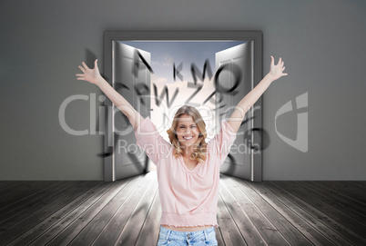 Composite image of full length shot of a smiling woman with her