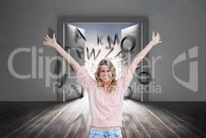 Composite image of full length shot of a smiling woman with her