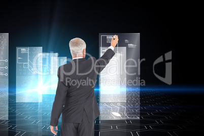 Composite image of rear view of serious businessman standing and