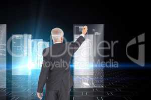 Composite image of rear view of serious businessman standing and