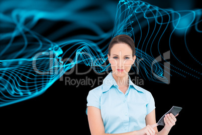 Composite image of serious classy businesswoman using calculator