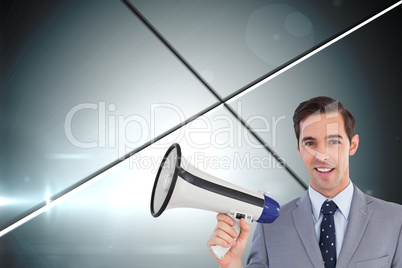 Composite image of smiling businessman holding a megaphone