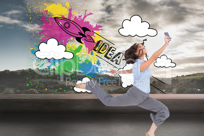 Composite image of happy classy businesswoman jumping while hold