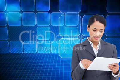 Composite image of close up of saleswoman with her touch screen