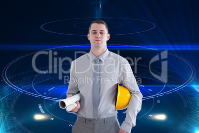 Composite image of architect carrying construction plans and hel