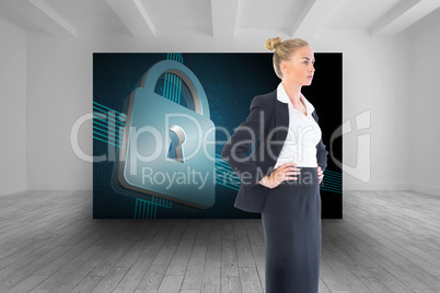 Composite image of businesswoman standing with hands on hips