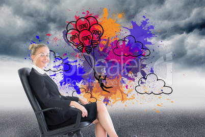 Composite image of businesswoman sitting on swivel chair in blac Composite image of businesswoman sitting on swivel chair in blac