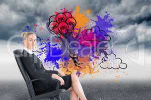 Composite image of businesswoman sitting on swivel chair in blac