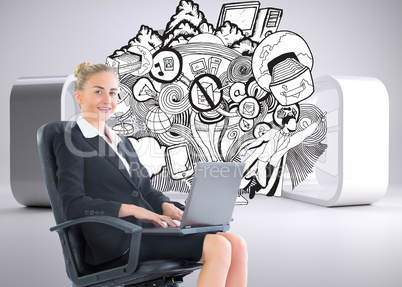 Composite image of businesswoman sitting in swivel chair with la