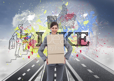 Composite image of smiling businesswoman carrying cardboard boxe